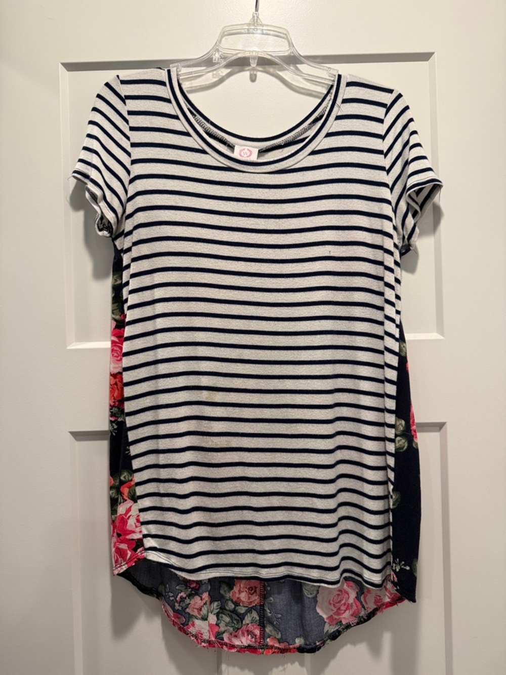 Striped Navy & White Short Sleeve Top with Floral Back
